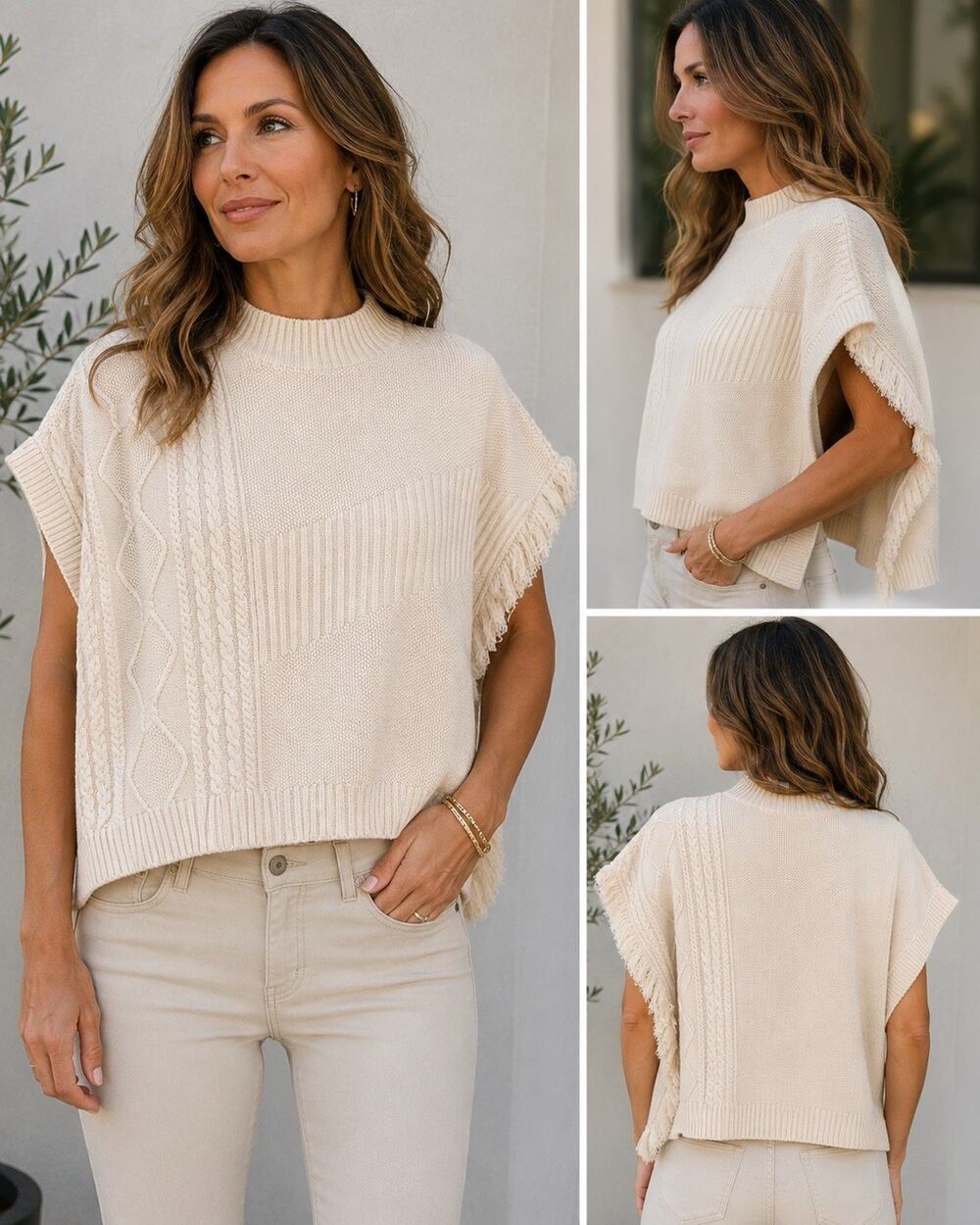 Anna & Ava Oversized Knit Poncho Sweater Cream Fringe Asymmetric One Size Crop